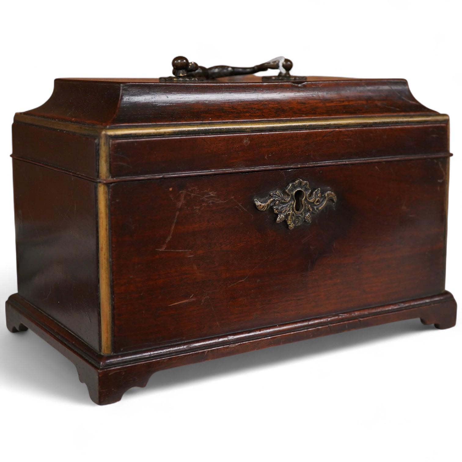 A George III mahogany and brass mounted tea caddy, 25cm wide x 16 cm high